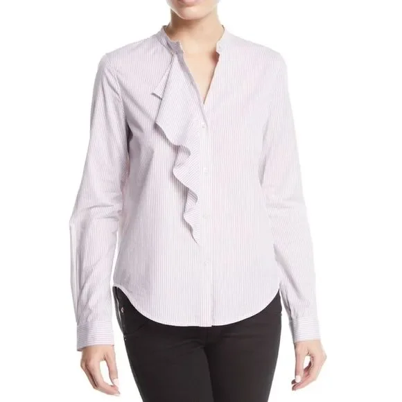 Derek Lam 10 Crosby Striped LS Ruffle B-F Shirt L - Picture 1 of 8